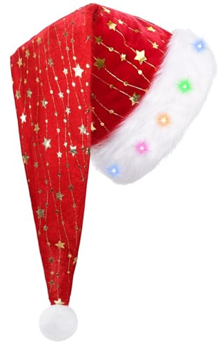 Qunkun LED Weihnachtsmütze Erwachsene, Rot Langer Weihnachtsmütze, Weihnachten Nikolausmütze mit goldenen Foliensternen, Lustige Plüsch Weihnachts Mütze, Weihnachten Karneval Party Geschenk