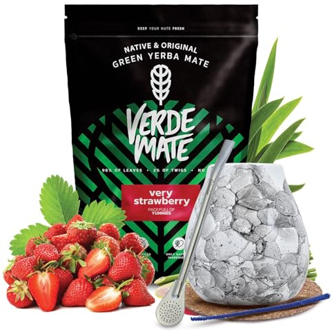 Yerba maté Verde Mate Very Strawberry 500g coffret calebasse bombilla | Coffret yerba maté aromatisé à la fraise avec calebasse en céramique, bombilla en inox, paille de nettoyage et sous-verre
