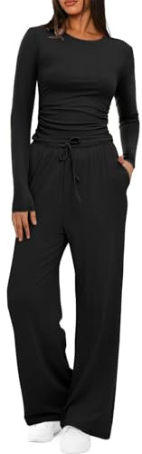 JFAN Conjunto Deportivo Mujer Casual Dos Piezas Color Sólido Elegante Conjunto Chandal Mujer Manga Larga Top y Pantalón Pata Ancha Chandal con Bolsillo,Negro M