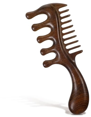 Shimmeroo Holz Kamm Holzkamm Sandelholz Kopfhaut Massagekamm mit Griff, Doppelseitige Massagebürste Antistatisch für Kopfhautpflege, Gua Sha Werkzeug für Männer und Frauen