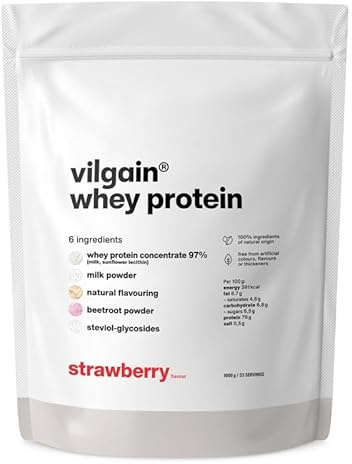 Vilgain Whey Protein (1000g) Jordgubbe – Proteinpulver från gräsbetesmjölk, sötad med stevia, utan artificiella smakämnen, ultrafiltrerat koncentrat, krämig & god