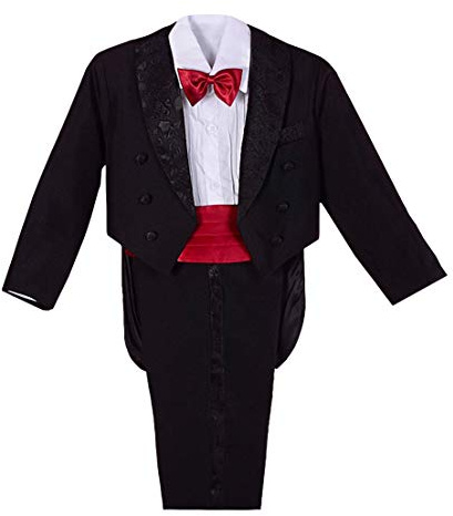 Lito Angels Traje de Esmoquin Negro para Bebé Niño, Conjunto 5 Piezas con Chaqueta Blazer, Camisa, Fajín, Pajarita Roja y Pantalón, Talla 12 Meses