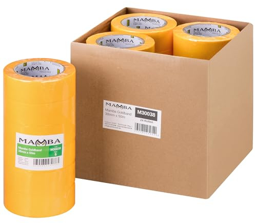 Mamba Goldband Malerkrepp Kreppband 24 Rollen 38 mm x 50 m Abklebeband | Selbstklebendes Goldband Malerkrepp mit 24 Rollen, Abdeckband und Papiertape, auch als Washi Tape zum Abkleben