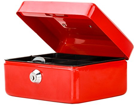 Small Cash Box with Key Lock, Parrency Portable Metal Money Box with Double Layer & 2 Keys for Security, 6 1/5 x 5 x 3, Red
