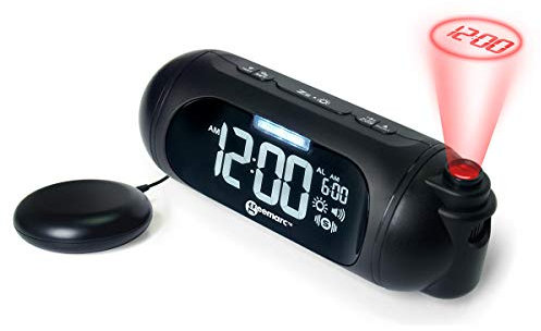 Geemarc WAKE 'N' SHAKE Spot - Sveglia a Proiezione con Squillo Potente da 95dB, Cuscino Vibrante e Funzione Snooze per chi ha il Sonno Pesante e le Persone Sorde - Porta di ricarica USB - Versione IT