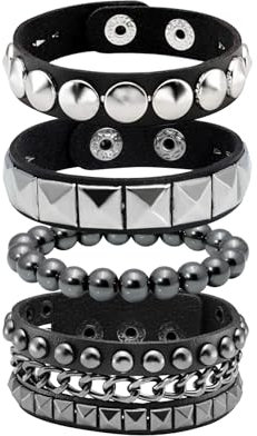 MILAKOO 4 Stücke PU Lederarmbänder Set Hematit Armkette und Nieten armband schwarz einstellbar