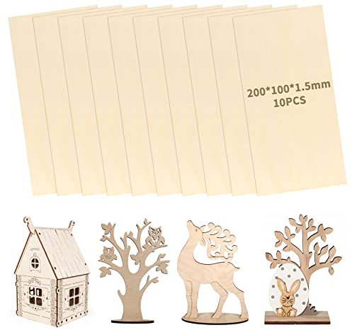 10 Pezzi Fogli di Legno di Balsa Sottili 200 x 100 x 1,5 mm, Compensato Pirografia per Artigianato Fai Da Te, Pittura