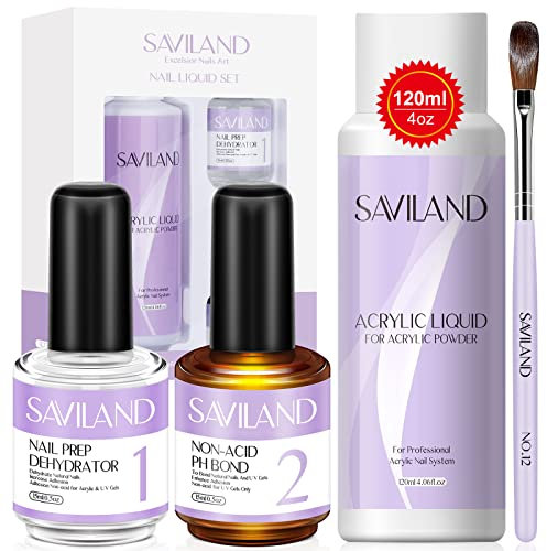Saviland Acryl Liquid für Nägel Set 120ML Monomer for Acrylic Acrylpulver mit Dehydrator und Primer für Gelnägel 15ml*2pcs, Nicht Vergilbende Formel Acryl Liquid für Acrylpulver, Acrylnägel-Set