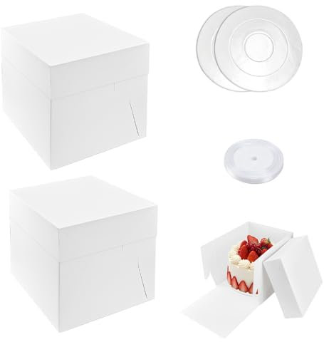Kleemeiero 2PCS Boîte à Gâteau avec Ruban Blanc et Planche à Gâteau - Boîtes de Transport pour Gâteaux en Carton (30.5*30.5*30.5cm)