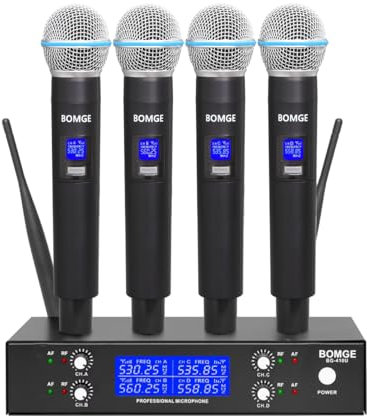 BOMGE Système de Microphone Professionnel sans Fil UHF à 4 canaux, Micro sans Fil avec 4 Microphones dynamiques Portables, portée de 260 m, Microphone pour Chanter, église, karaoké, fête (410U-4