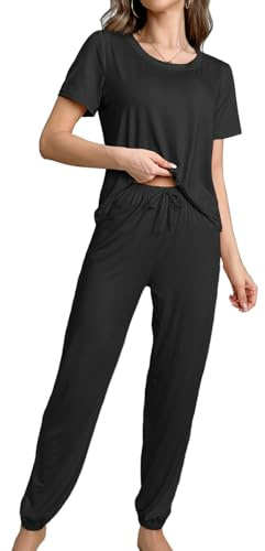 Bunanphy Ensemble pyjama 2 pièces à manches courtes pour femme avec t-shirt, haut et pantalon long, vêtement de nuit doux à carreaux, b-noir, M