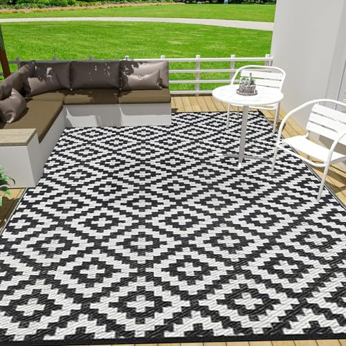 XQKXHZ Outdoor Teppich Wetterfest -Schwarz & Weiß Gartenteppich Groß Balkon Teppich Wasserfest Langlebig & Wendbarer Outdoorteppich Für Terrasse Balkon Strand Picknickdecke,5x8ft/150x245cm