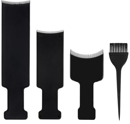 4 PCS Hair Dye Paddle Black Flat Top Comb Board Set Professional Highlighting Board with Teeth Hair Coloring Brushes for Barber and Home DIY Hair Styling Tool