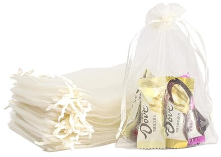 100 st elfenbensvit organza presentpåsar, 9 x 12 cm små organza-favoritväskor, bröllop smycken påsar med dragsko, nät godis favoritväska fest söta väskor för födelsedag, bröllop, jul,