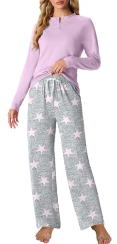 PrinStory Dam pyjamasset långärmad nattkläder nattkläder mjuka pyjamasöverdel och full längd pyjamas underdel med fickor myskläder, Rosa stjärna, M