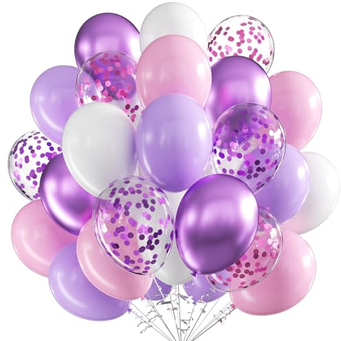 Luftballons Lila Rosa Weiß, 60 Stück 12 Zoll Lila Rosa Weiß Latex Luftballons Metallic Lila Luftballon mit Konfetti Party Ballons, Party Luftballon für Geburtstag Hochzeit Jahrestag Dekoration