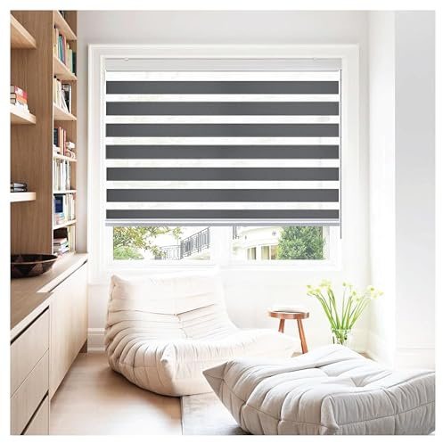 Rehan & Co Grey Day and Night Zebra Roller Blinds for Windows Light Filtering Dual Layer Fabric Window Blinds Drill/No Drill Easy Fit Blind for Door (64cm W x 165cm L)