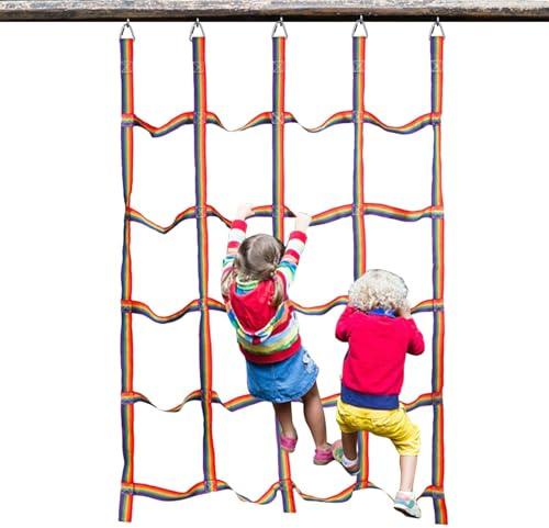 Weqizuerqi - Red de Escalada (145 x 185 cm, Red de Escalada de Cuerda, obstáculo de Cuerda de con Anillos Triangulares, gimnasios de Fitness para niños