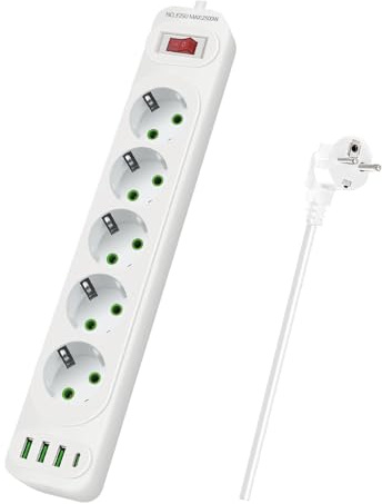 Anluomania Regleta Enchufe con Interruptor, Alargador Enchufe con 5 Tomas y 4 Puertos de USB(3 USB A+1 Type-C), 2 Metros, 2500W, para el Hogar, Oficina y Viajes