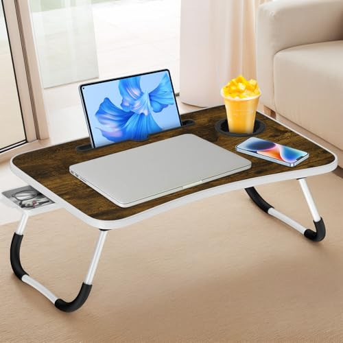 Huracan Table de Lit, Plateau de lit Pliable, Support Ordinateur Portable avec 3 Ports USB/Tiroir/Porte Gobelet/Poignée, Plateau Ordinateur Portable pour Lits, Canapé, Sol (60x40cm, Bois)