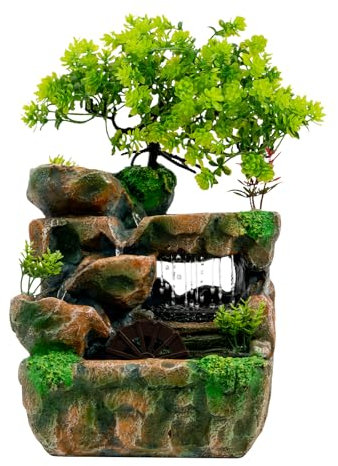 Zen Tischbrunnen mit LED Licht, Feng Shui Wasserfall Innenbrunnen aus Kunstharz, entspannende Zimmerdekoration für Wohnzimmer Büro, H 30 cm