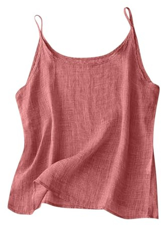 Minetom Débardeur Femme Coton Et Lin Col Rond Sangle Spaghetti Ete Hauts sans Manche Bretelles Camisole Top A1 Rouge XL