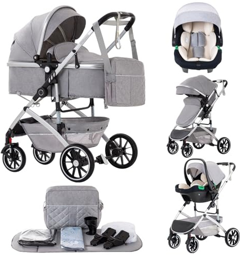 Lnhcrbs Kinderwagen 3 in 1,Reise Stroller ist Schnell mit Einem Klick Zusammenklappen,Hochformatiger Kinderwagen Set mit Vergrößertem Schlafkorb,Pram ist an den Vorderrädern abschließbar