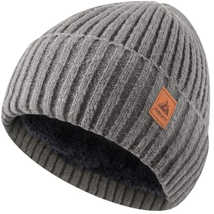 FORVEVO Beanie Hats for Men, Winter Hats with Thick Warm Fleece Lining, Thermal Knit Mens Beanie Hat for Winter Daily Life Outdoor Running Skiing, Lightgrey