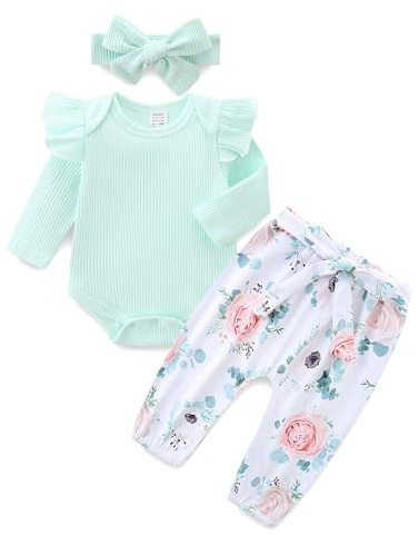KIDDLETOWN Baby Girl Clothes Set Newborn Clothing Ruffle Bodysuit Romper + Pants + Headband Baby Grows Girls Long Sleeve Romper Tops Floral Pants Sets 0-3 Months Green