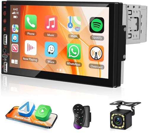 Motorsi Wireless CarPlay Single Din Radio con YouTube Video Playback, 7 Pollici HD Touchscreen 1 Din Autoradio con Android Auto, Mirror Link, Bluetooth, FM/AM, USB/TF/AUX, SWC + Telecamera & Type-C