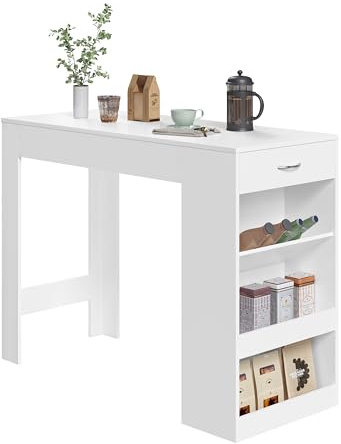 WOLTU Tavolo da Bar, Bancone da Bar con 1 Cassetto e 3 Ripiani, Tavolo Penisola per Cucina, Pub, Bistrot, Legno Ingegnerizzato (Con assi di legno, Bianco, 120 x 50 x 90 cm)