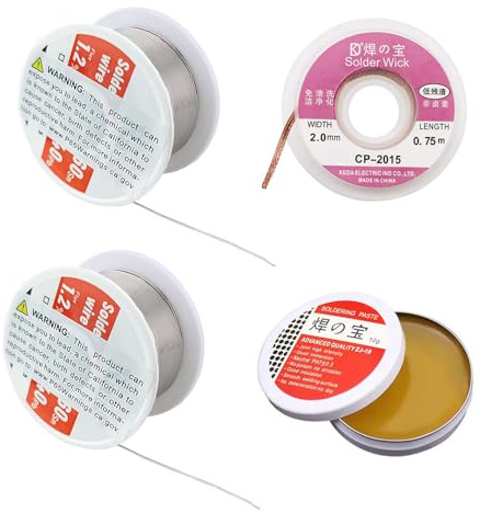 Soldering Tool Kit, 2 Pack of 0.6mm Solder Wire (1.76oz / 50g) + Rosin Flux Paste (0.35oz / 10g) + No-Clean Soldering Core, Designed for Electronic Repair and DIY