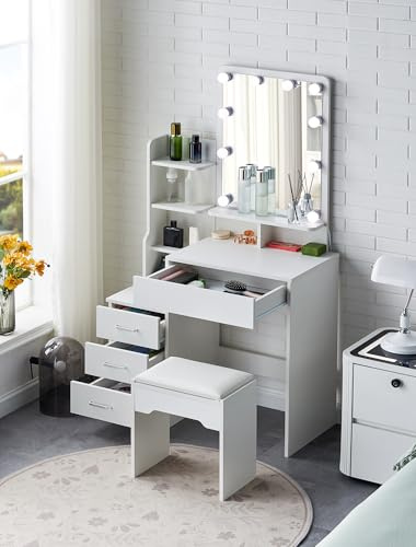 TUKAILAI Schminktisch mit LED Beleuchtung und Hocker, Frisiertisch mit Spiegel LED, 4 Schubladen 6 Offenen Ablagen, Weiß Schminktisch Klein Modern für das Schlafzimmer 87x40x149cm