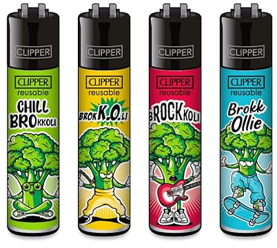 Clipper Feuerzeuge 4er Set + 1x DHOBIA Feuerzeug (Brokkoli)