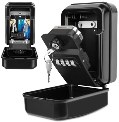 WACCET Schlüsseltresor mit Zahlencode, Groß Schlüsseltresor Außen 4-Stelliges Code Wasserdicht Schlüsselbox Wandmontage Schlüsselsafe mit zwei Notfall-Schlüsseln für Zuhause, Büro, Schule (Schwarz)