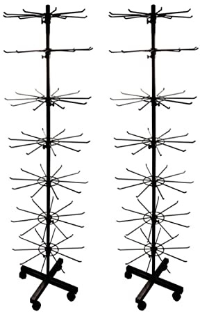 2er Set - Verkaufsständer drehbar Höhe 155cm | rollbares Warenständer 7 Etagen | Drehständer mit 70x Haken aus Metall | Ständer Ladenausstattung Theke | Ladeneinrichtung Kleinartikelständer schwarz