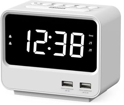 iTOMA Radiosveglia per camera da letto con due porte di ricarica USB, numeri grandi con luminosità regolabile, radio FM digitale per comodino con timer per sonno, orologio digitale LED bianco A23W
