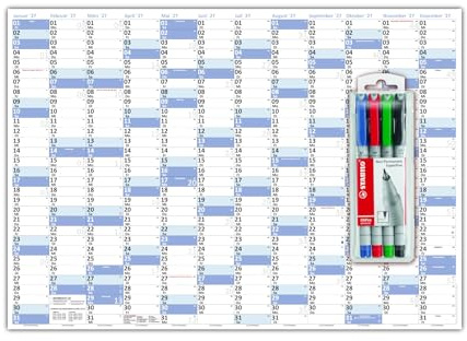 XL Wandkalender DIN A1 2027 blau, nass abwischbar inkl. Stifteset Format 59,4 x 84,1cm Jahresplaner Wandplaner Kalender werden gerollt versendet