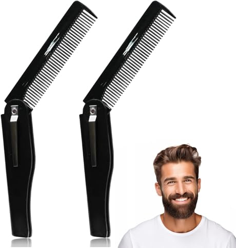 2 Pcs Peine Hombre Plegable Cepillo Pelo, Peine de Barba Premium para Hombres Mini Hair Brush con Decoración de Chapa Metálica Antiestático Pequeño Bolsillo Moustache Peine Pelo y Barba Portátil
