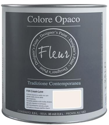 FLEUR DESIGNER'S PAINT | Pittura Chalk Paint Opaca, 2,5 L, Senza Carteggiare, Multisuperficie, Colore F04 Cream Love, Effetto Gesso, Per Pareti e Mobili, Extra Opaco, Ad Acqua, Made in Italy