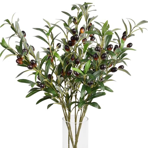 3pcs Artificial Plants Greenery Olive Branches Stems Fake Plants Green Leaves Fruits Branch Leaves for Home Office ndoor Outside DIY-Wreath Decor 27-Inch (3)