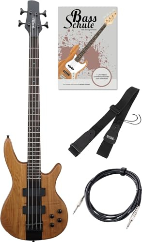 Rocktile Pro LB104-N LowBone E-Bass Set - Bajo eléctrico Longscale con 2 pastillas y 2 controles de tono - incluye correa para guitarra, cable y escuela de bajo - natural