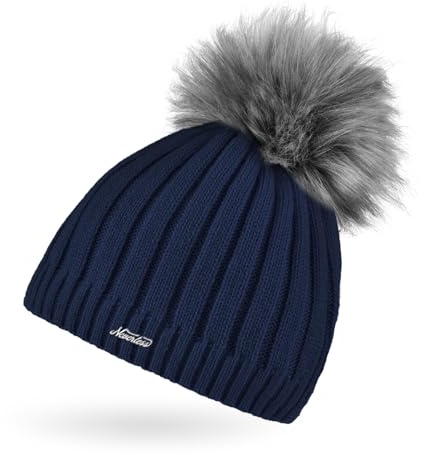 Neverless® Damen Strick-Mütze gefüttert Fell-Bommel Kunstfell Bommelmütze Fleece-Innenfutter