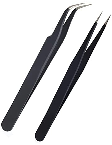 AIEX 2 Stück Wimpernzange, Pinzette aus Edelstahl, Wimpernzange mit gerader und gebogener Spitze (schwarz)
