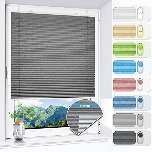 HOMEDEMO Plissee ohne Bohren verdunkelung, Thermo Plisseerollo Klemmfix, Grau 75x130cm(BxH) Verdunklungsplissee 100% lichtundurchlässig für Fenster, Blickdicht Sichtschutz Sonnenschutz