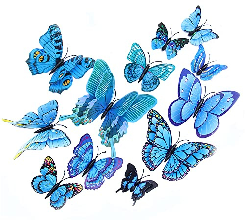 Butterflies Decoration, BOPART 24Pcs 3D Butterfly Decals Stickers for Party Decoration, Blue Butterflies Wall Decor Magnetic Butterfly for Crafts (12 Styles at 4 Sizes in Double Wings)