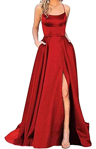 HAHAEMMA Abito lungo da donna elegante con tasche in raso linea ad A abito da sera sexy con allacciatura al collo spaghetti abito da sposa abito da principessa abito da damigella d'onore