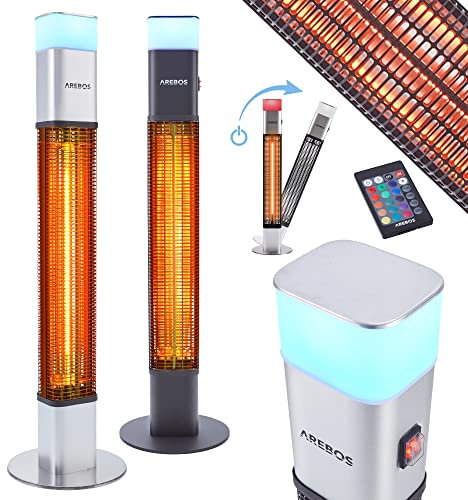 Arebos Radiatore di Calore per Interni & Esterni 1500W | Riscaldatore ad Infrarossi | Elemento Riscaldante al Carbonio | 16 colori di luce LED | Interruttore a levetta | Telecomando