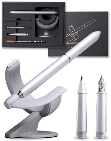 novium Hoverpen Future Edition – reservoarpenna och kulspetspenna allt-i-presentask, fin spets, futuristisk estetisk, lyxig metalltillverkad skrivbordspenna, gratis snurrande verkställande penna