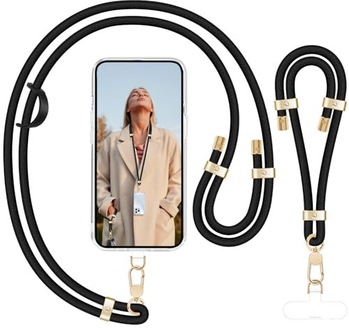 UKON Phone Lanyard Crossbody and Phone Wrist Strap Set Adjustable Neck Strap with Premium Metal Buckle Anti Theft Crossbody Body Strap 2 Tether Patches Compatible with Most Smartphone (Black)